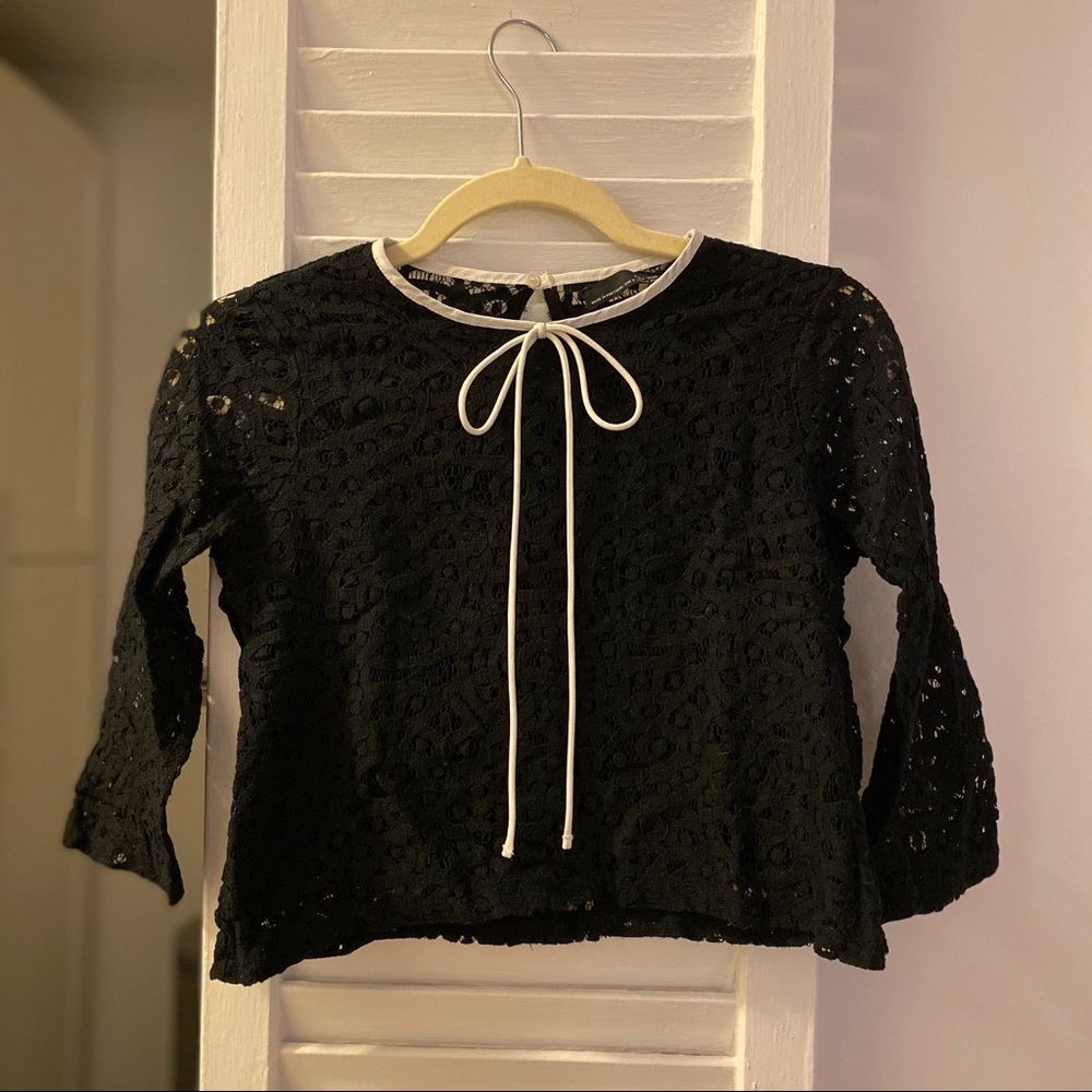 Zara Black Lace Long Sleeve Top | Size S | White Tie Detail